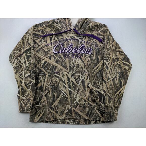 Cabelas Grass Camo Hoodie Pullover Sweatshirt SZ S Purple Embroidered Spell Out - Picture 4 of 10